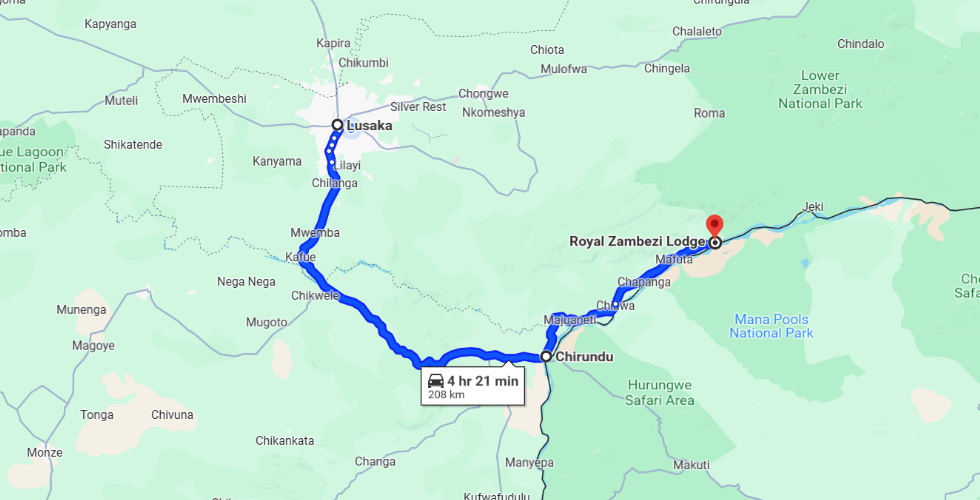 ルサカからRoyal Zambezi Lodgeへの経路イメージ